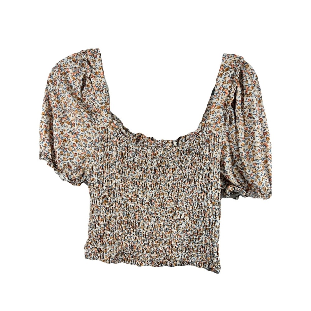 Monteau Los Angeles Linen Blend Smocked Top‎ XL Floral Puff Sleeve Cottage Boho